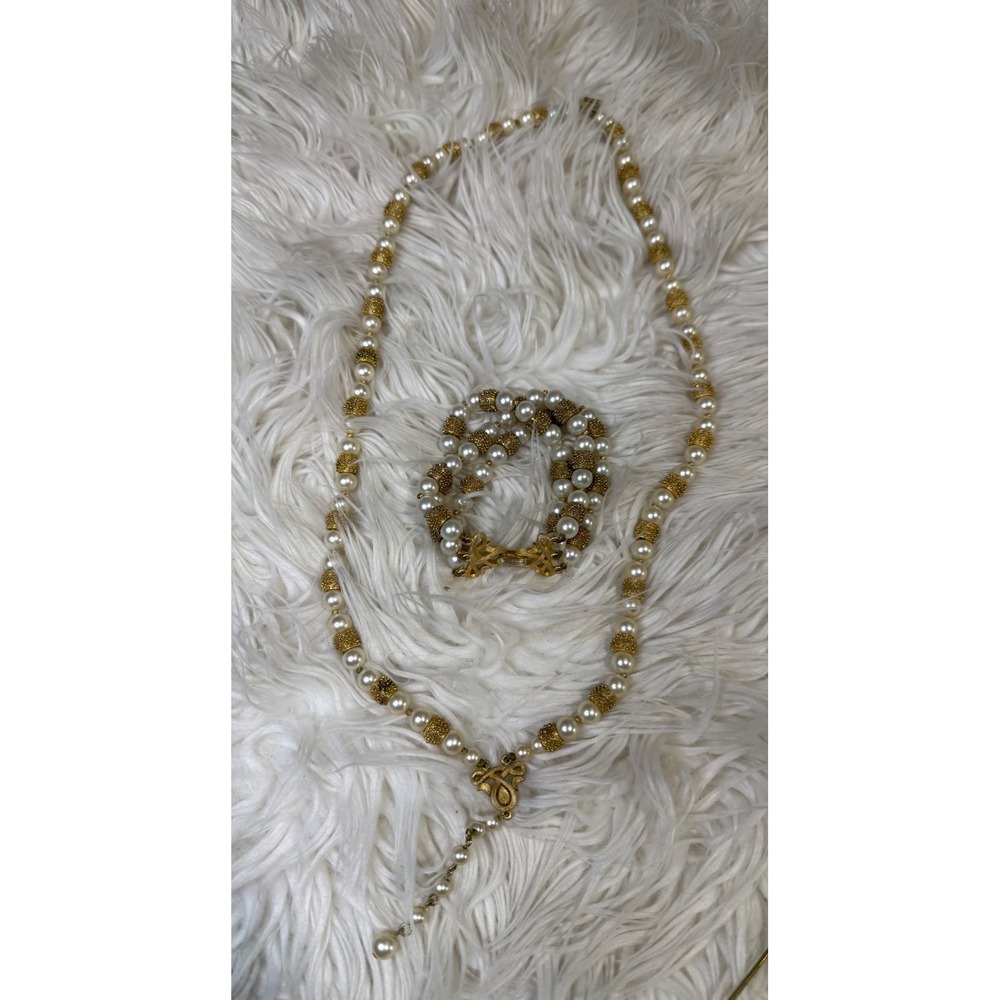 Vintage Faux Pearl Gold Filigree Lariat Necklace and Bracelet Jewelry Set